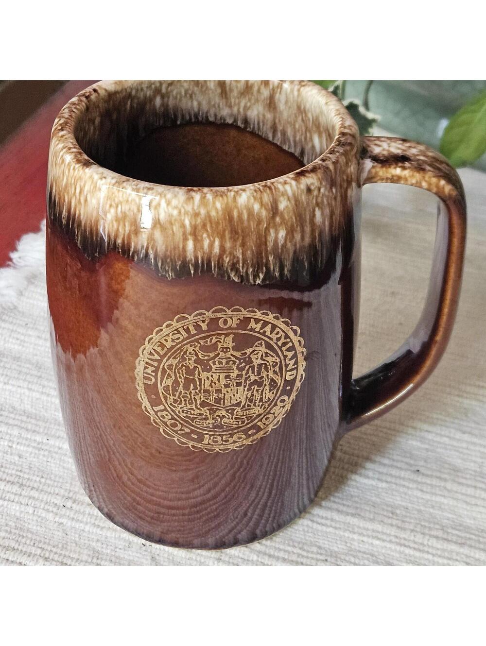 Rare! Vintage University of Maryland Hull Pottery Brown Drip Glaze Stein Mug